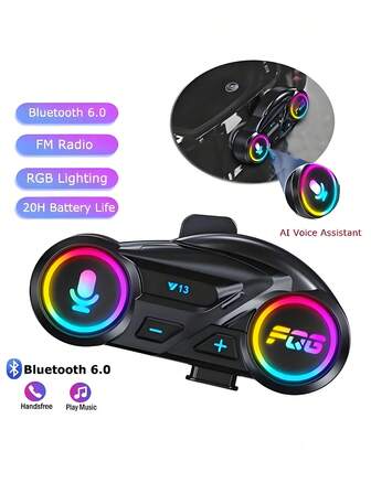 2 PIEZAS Auriculares de casco de motocicleta Y13 con Bluetooth 6.0, batería de 1000mAh, radio FM, cancelación de ruido, luces RGB, batería de larga duración, carga Tipo C, auriculares con radio FM, para viajeros al aire libre, entusiastas de la tecnología, el regalo perfecto para Halloween y Navidad