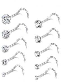 10 Pcs Multi-Piece Fashion Minimalist Silver-Toned Cubic Zirconia Inlaid Multiple Styles (Straight Bar, L Bar, S Bar) & Sizes Nose Ring Set Unisex For Daily & Festival Celebration