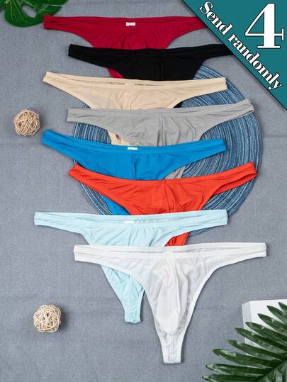 4pcs/Pack Men's Random Thong Underwear, Soft & Simple Solid Color Breathable Thong Briefs For Summer