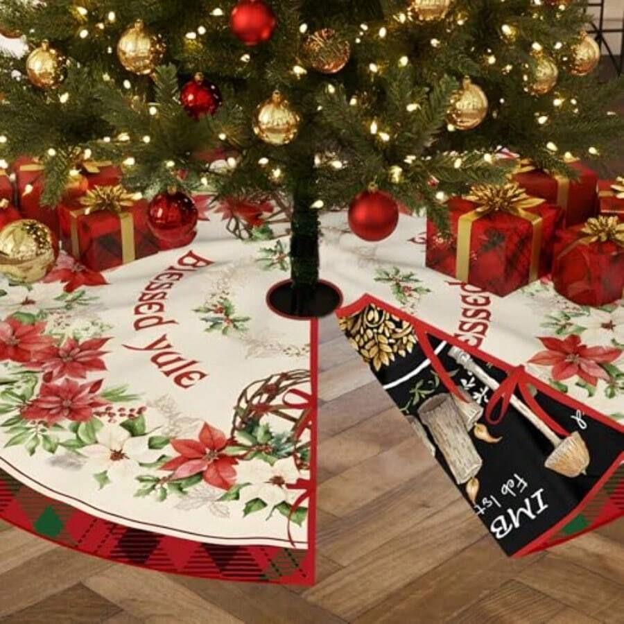 Lan-48 Inch Christmas Tree Skirt Yule Decorations Double Sided Wiccan Wheel Designs Adjustable Drawstring Closure For Easy Installation Holiday Decorative Tree CoverL8725 - Red - View 1