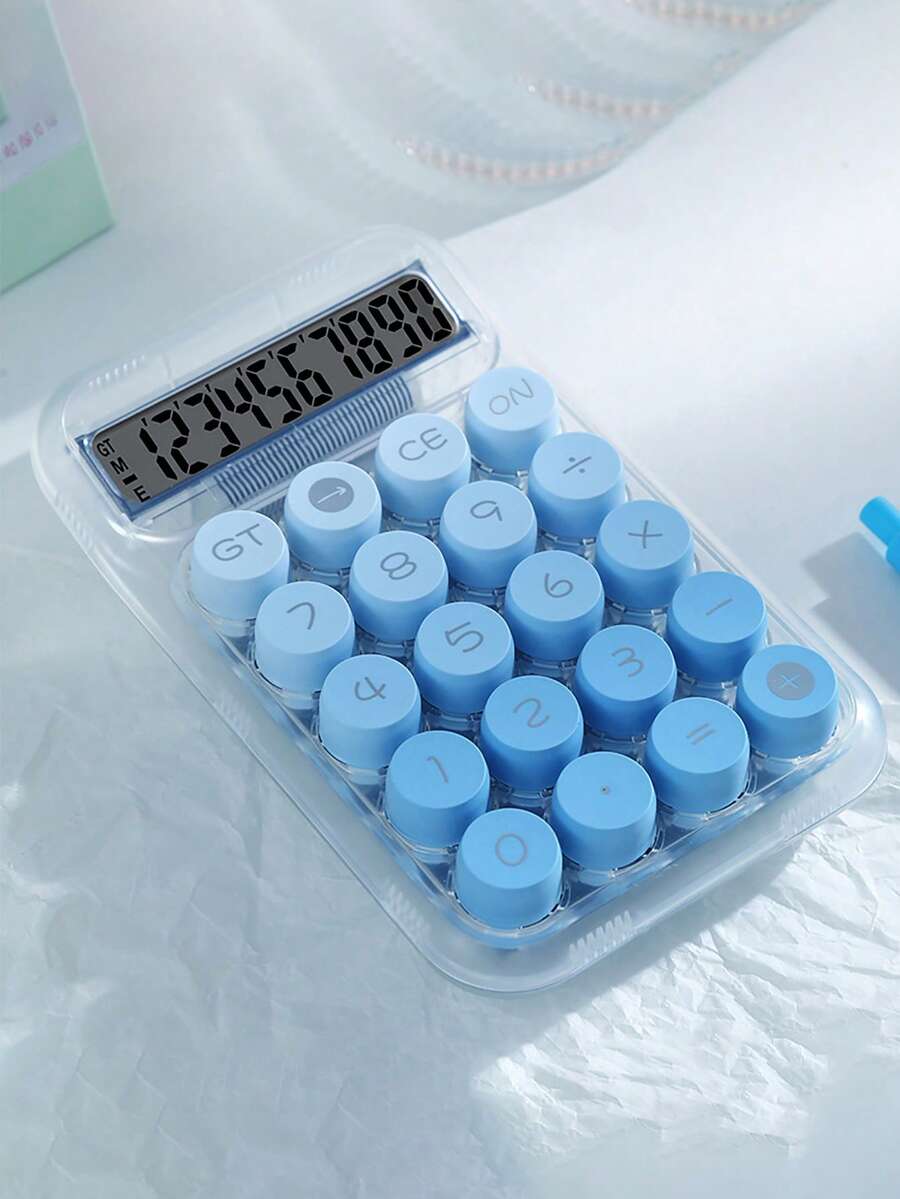 1pc Transparent Gradient Mechanical Keypad Calculator With Cartoon Pattern, 10 Digits Large Display Electronic Calculator For Office, School, Bank Use,School Supplies,Back To School