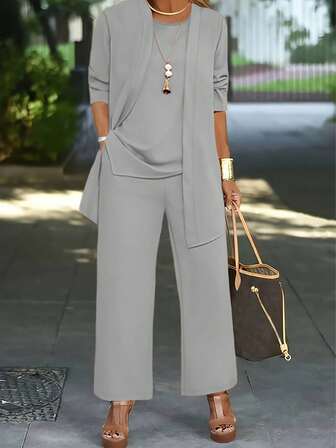 3-Piece Plus Size Women Casual Solid Color Outfit: Jacket/Cardigan + Round Neck Sleeveless Top + Elastic Waist Straight Leg Pants, Soft Stretchy Fabric, Loose Fit, Comfortable For Commuting, Spring/Autumn/Winter