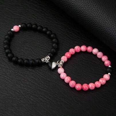 2pcs Magnetic Heart-Shaped Beaded Bracelet, Fashionable Couples Bracelet, Delicate Accessory, Great Birthday Gift, Heart-Shaped Bracelet
