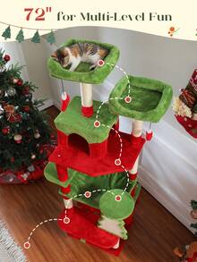 Christmas Cat Tree, 72 Inches Tall Cat Tower With 2 Perches, 2 Condos And Spacious Hammock, Attractive Cat House With Xmas Tree Scratcher, 7 Scratching Posts For Large Cats, Red - Đỏ - Xem 2