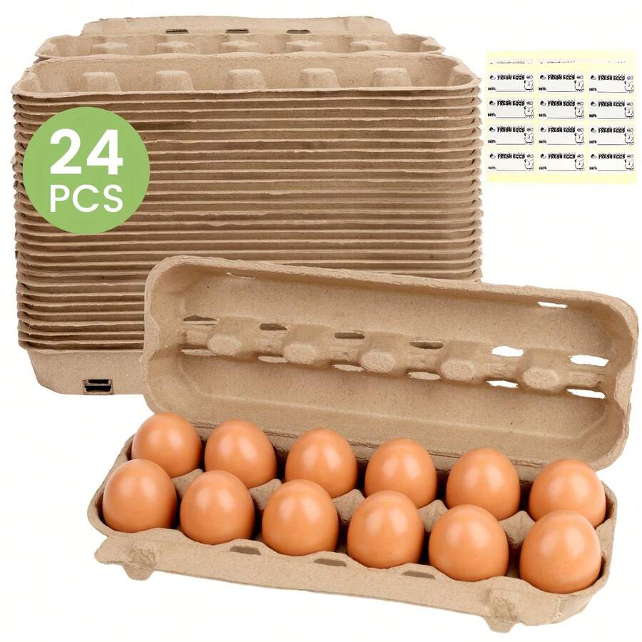 SHINDEL 24PCS Pulp Egg Cartons, 11.6Inch 2x6 Paper Egg Box With 288 Slots With Foldable Lid, 24 Label Stickers, Large Capacity Kitchen Supplies, For Farm Market, Fridge, For Easter, Camping, Birthday Party, Family Gatherings, Wedding, Kitchen