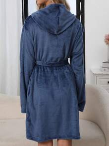 1件女士舒适纯色连帽系带蓬松睡袍，秋冬季保暖舒适 - 藏蓝色 - 查看 2