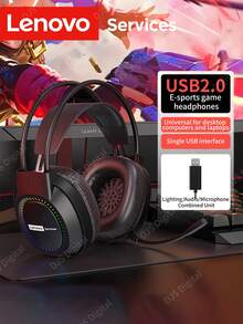 Lenovo 联想有线游戏耳机，7.1 环绕声，游戏麦克风，RGB 照明，适用于台式机和笔记本电脑，USB 连接 - 黑色 - 查看 13