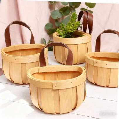 Handmade Wooden Woven Storage Basket With PU Leather Handle, Practical Onion Ginger Garlic Storage Basket, Rustic Wooden Style High-Quality Storage Basket