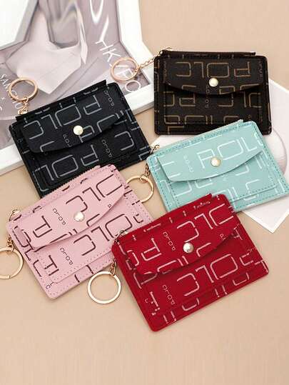 Letter Print Slim Card Holder, Portable Small Card Case, Coin Purse, Key Ring Card Clip Card Sleeve
