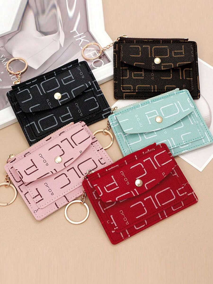 Letter Print Slim Card Holder, Portable Small Card Case, Coin Purse, Key Ring Card Clip Card Sleeve - Multicolor - View 1