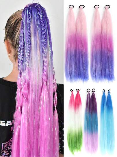 2 peças de extensão de cabelo rabo de cavalo trançado roxo, elástico colorido para celebração de festival, extensão de cabelo sintético ombré macio para mulheres