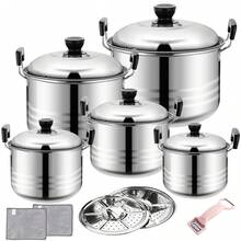 10 Piezas  Bateria de Cocina Acero Inoxidable 10 Piezas Batería de Cocina Juego de Ollas de Acero Inoxidable con Antiadherente Vaporera para Cocina, Acenas al Aire Libre y Viajes - Plateado - Ver 1