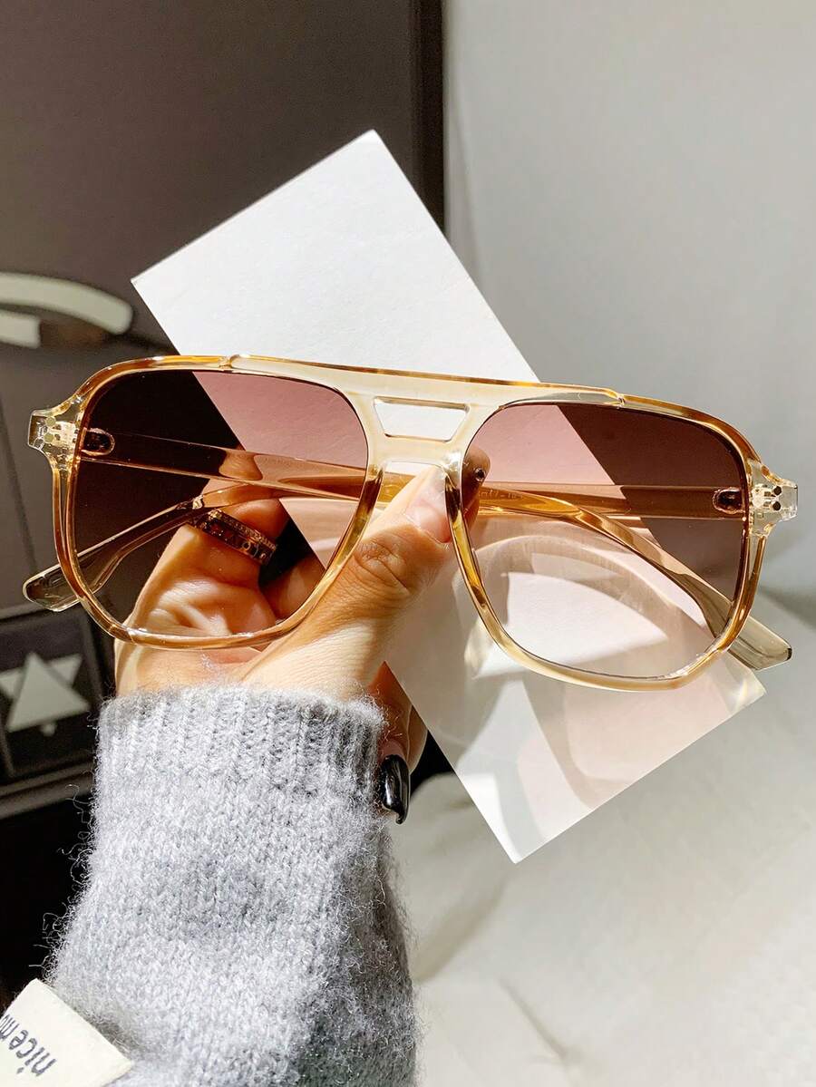 1 Pair Unisex Tortoiseshell Square Double Bridge Aviator Style Fashion Fashion Glasses, Suitable For Vacation, Boho Beach Outfits, Women's Beach Accessories, Basic Glasses, Autumn/Winter Women's Outfits, Business Casual, Gifts, Leopard Print - 香檳色 - 查看 1
