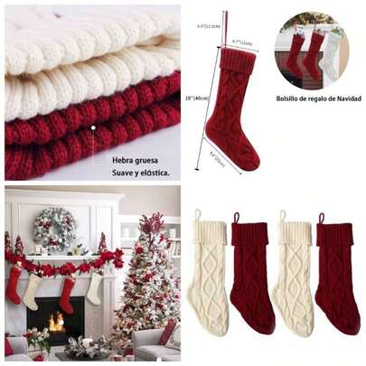 Juego de 4 Medias navideas de Color Blanco Marfil y borgoa, 18 Pulgadas, de Gran tamao, Tejido de, Regalos y Decoraciones para la de Navidad 2 Blanco+2 Rojos