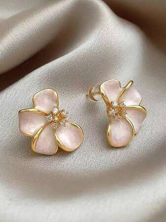 1 Pair Unique Delicate Pink Drip-Glaze Floral Earrings, & Elegant Earrings For Women