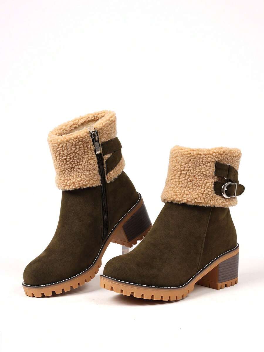 Winter Faux Fur Snow Boots For Women Platform Block Chunky HeelsSide Zipper Comfortable Outdoor Suede Warm Boots - 綠A - 查看 1