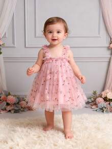 女婴优雅花卉刺绣网眼吊带背心裙，舒适，适合婚礼、生日、度假、派对、圣诞节