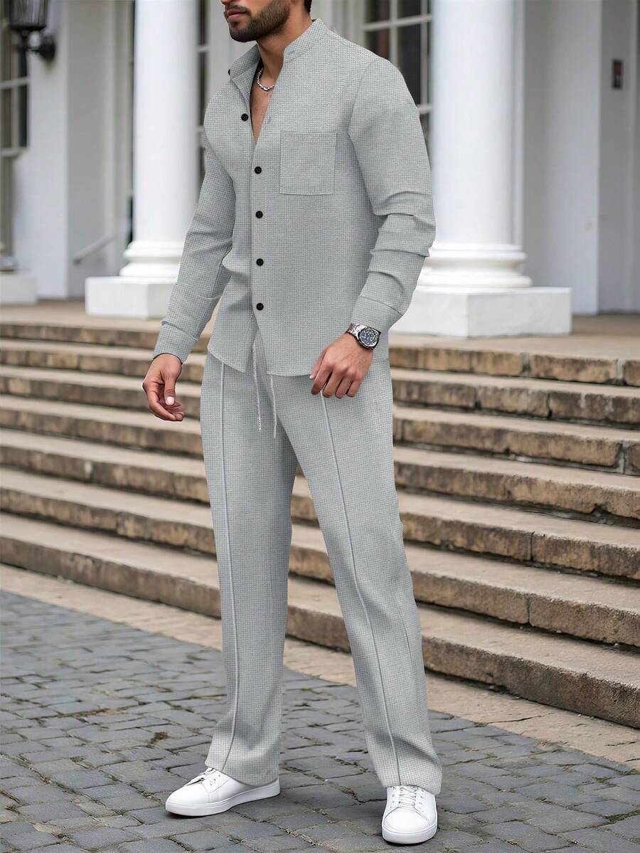 2pcs Men's Casual Solid Color Collared Shirt With Pockets Long Sleeve + Long Pants Set, Lightweight Leisure Sports Vacation Outfit, Spring/Autumn - 灰色 - 查看 1
