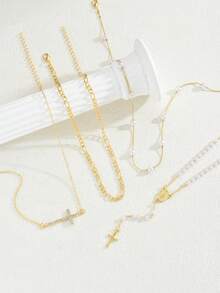 4 قطع طقم قلادة على شكل حرف Y، تصميم أنيق وعصري بطراز عتيق مزين بخرز مصطنع، صليب، نقش بارز، ومرصع بالراين ستون، سلاسل متنوعة الأنماط مناسبة للمناسبات والحفلات والهدايا والاستخدام اليومي