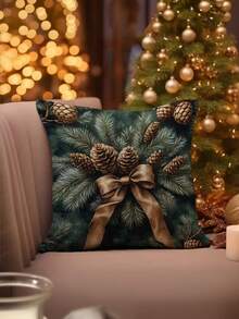 1/2/4pcs Large Square Christmas Cushion Cover - Pine Cones, Golden Bows - Dark Green Holiday Decor - Zipper Closure - Fits Living Room, Bedroom, Entryway - Seasonal Home Accent Pillow Case - Easy-Clean Fabric, Christmas Pillow Covers, Festive Room Decoration, Pinecone Pattern