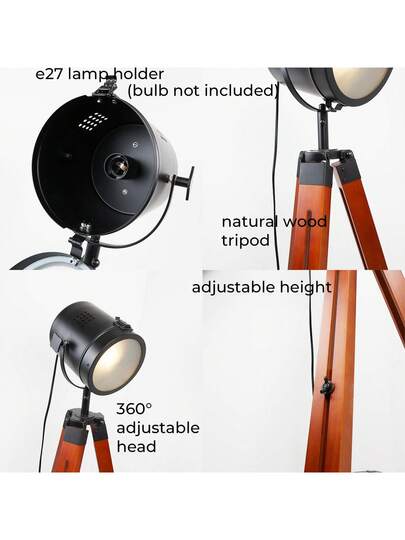Alpinaluz Cinema Tripod Vloer Lamp, Natural Wood, Adjustable Focus Height, Vintage E27, Living Room Bedroom view 7