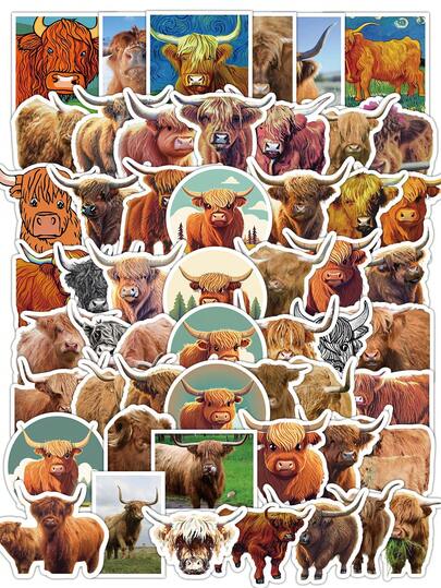 60 Piezas Pegatinas de Ganado de las Tierras Altas Pegatinas de vinilo estéticas para scrapbooking, diario, portátil, parachoques, monopatín, botella de agua, computadora, teléfono, dibujos animados, casco duro, pegatinas y calcomanías para automóvil