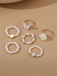 6pcs/Set Creative Elastic Beaded Ring With Faux Pearl, Butterfly And Flower Pendant Valentines - Multicolor - View 7