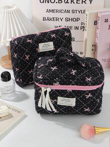 1个蝴蝶结装饰大容量手提化妆包，简约风格多功能化妆包，化妆品收纳包，旅行化妆包，化妆工具整理包，女士礼物，旅行必备，夏季母女装 - 黑色 - 查看 14