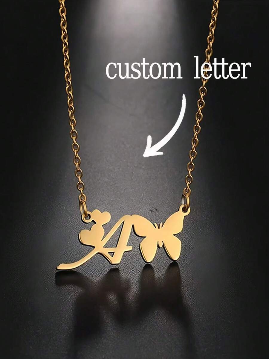 1 Piece Of Personalized Stainless Steel Necklace Jewelry With Collarbone Chain, 18k Gold-Plated 26 First Letter Butterfly Heart-Shaped Pendant, Women's Necklace, Suitable For Christmas, Valentine's Day, Mother's Day, Birthdays, Anniversaries - Multicolor - View 1