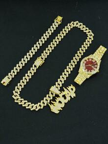 1 Set Alloy Full Diamond Letter "NOCAP" Pendant 15mm Rhombus Cuban Chain Necklace, Bracelet, Blue Watch, Personalized Men's Hip Hop Style Accessories - Red - View 10