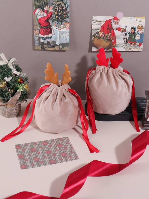 1pc Antler Decoration Vintage Holiday Gift Bag, Christmas Gift Storage Exquisite Storage Bag, Soft Material Holiday Gift Bag, Storage Gift For Friends