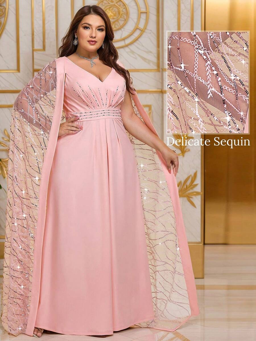 EVERPRETTY Plus Size Elegant Deep V Neck Flare Sleeve Rhinestone Embellished Pink Formal Dresses Evening Gown For Dinner Party Winter Wedding Guest Dresses - Pink - View 1