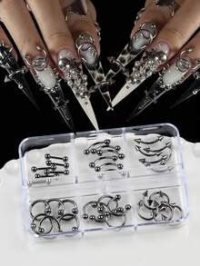 6 Grids Nose Nail Rivets Metal Tip Cone Punk Style Y2K Charms Set Metal Alloy Black Mixed Arrow Nail Jewelry Decorration 3D Nail Art Supplies For Nail Lovers 30pcs/Box