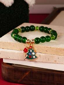 1 Stück minimalistisches grünes Perlen-Kristall Weihnachtsbaum Charm Elastikarmband, Damen Accessoire für den täglichen Gebrauch, Dates, Partys, Weihnachtsgeschenk