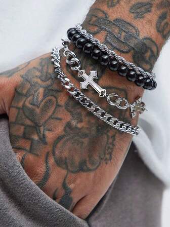 4pcs Stainless Steel Cross Beaded Punk Style Bracelet Set For Men, Gifts