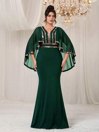 YISIKADO Plus Size Arabiska Klänningar Paljett Kontrast Chiffong V-ringad Sjal Lång Klänning Kvällsfestklänning