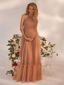 Joyfunear Cold Shoulder Mesh Sexy Maternity Dress - Brown - View 6