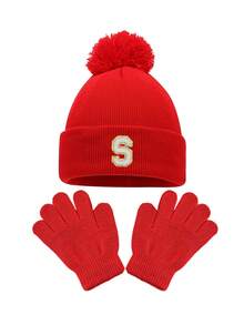 3件套儿童针织帽和手套套装，A-Z字母图案，保暖冬帽，适合3-8岁幼儿日常佩戴 - 紅色 - 查看 8