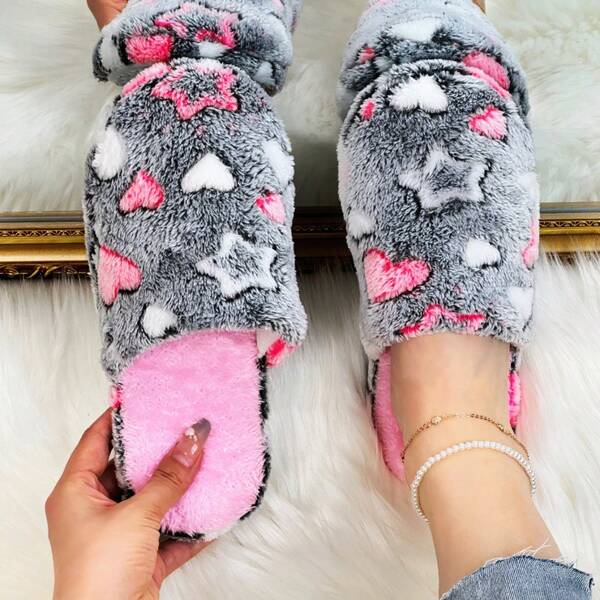 Damen Plüsch-gefütterte Hausschuhe mit Sternenmuster - Dicke EVA-Sohle, weiches Obermaterial und gepolsterter Komfort, geeignet für den ganzjährigen Hausgebrauch, süßes Herz- und Sternenmuster, bequeme Hausschuhe, verspieltes Design, rutschfest und langanhaltend