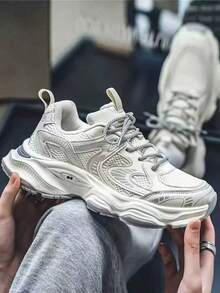 2025 New Men's Sneakers, Mesh Breathable Chunky Sneakers, Thick Sole Increase Height, Wear-Resistant, Fashionable Casual Trainers, Youth Street Style, Lace-Up Outdoor Sports Shoes - Beige - View 4