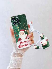 5pcs Transparent TPU Snowflake, Santa Claus, Reindeer Pattern Charger Cable Protector Case + Matching Phone Case, Compatible With 20W Fast Charger Compatible With Apple, 25W For Samsung, 120W For Xiaomi
