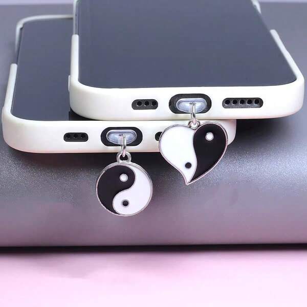 New Design Chinese Style Yin Yang Dual Polarity Black & White Alloy Drip Oil Round Bagua Heart Bagua Mobile Phone Dust Plug Pendant Accessory, Compatible With Iphone, Type-C & Android Charging Port Dust Plug Pendant, Earphone Case Charging Port Dust Plug