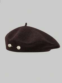 1 chiếc mũ beret nữ, mũ beret nữ màu trơn giá cả phải chăng, kiểu dáng cổ điển, đa năng, hình tròn, thích hợp cho nghệ sĩ, mũ beret len bóng đính ngọc trai màu đen. - Nhiều màu - Xem 4