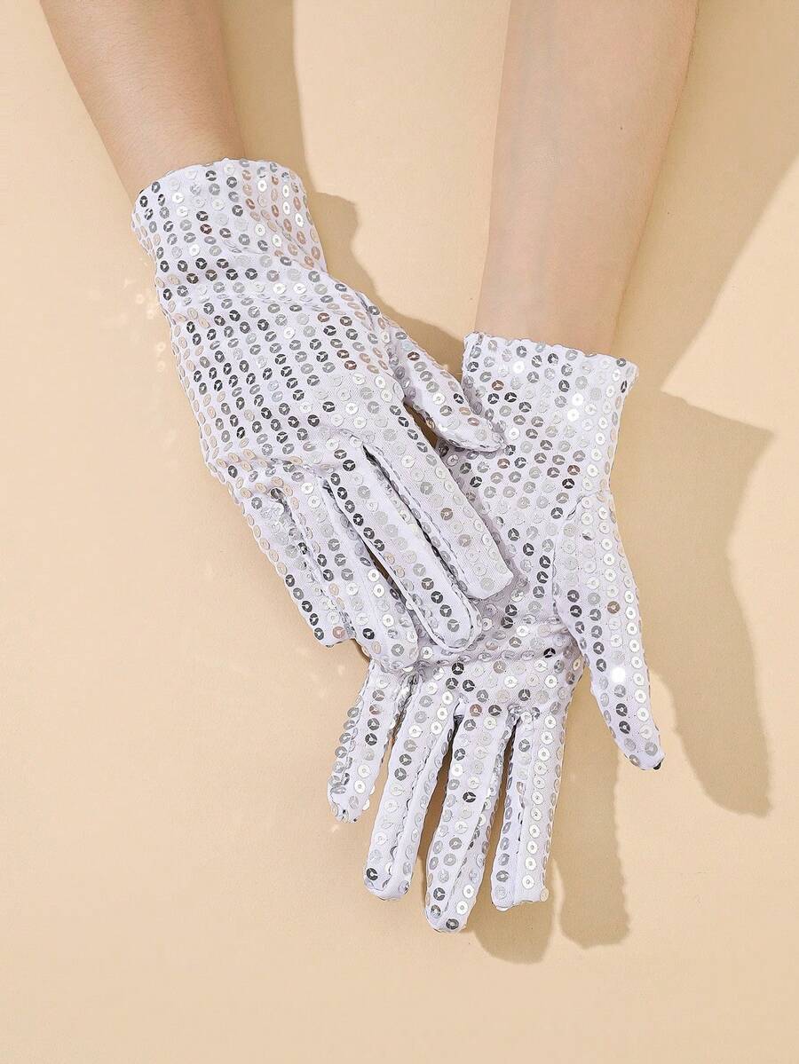 1 Pair Adult Shiny Sequin Reflective Stage Performance Gloves, Fashion Accessory - Silver - View 1