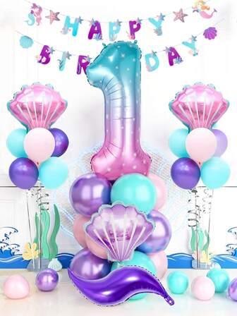 35pcs Ocean Theme Birthday Column Balloon Set, Includes Star Sky 1-9 Number Balloons, Pink, Blue, Purple Latex Balloons, Purple Seashell, Pink Seashell Balloons, Suitable For Ocean Theme Birthday Party, Ocean Theme Decorative Atmosphere, Photography Props, Birthday Theme, Mermaid Theme Party, Purple Theme, Pink Theme, Indoor And Outdoor Photography Props