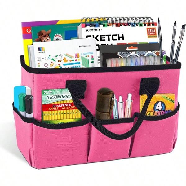 Desktop Tote And Organizer Teacher Helper Bag For Arts Books Stationery Office Desk Organization Makeup Storage With Handles For Travel PINK