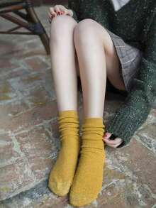 5 Pairs Women's Vintage Style Solid Color Gold Striped Breathable Comfortable Mid-Calf Socks
