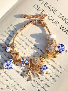 1pc Vintage Ceramic Charm Bracelet, Imitation Blue And White Porcelain Heart Flower Bracelet, Star Bracelet, Ceramic Heart Bow Bracelet