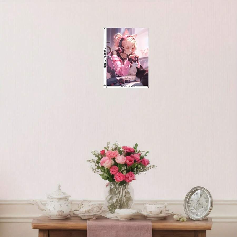 1 Pc Unframed Neon Anime Cat Girl Gaming Poster, Durable Cloth Rolled Canvas, Elegant Home Decor Wall Art - A - View 1