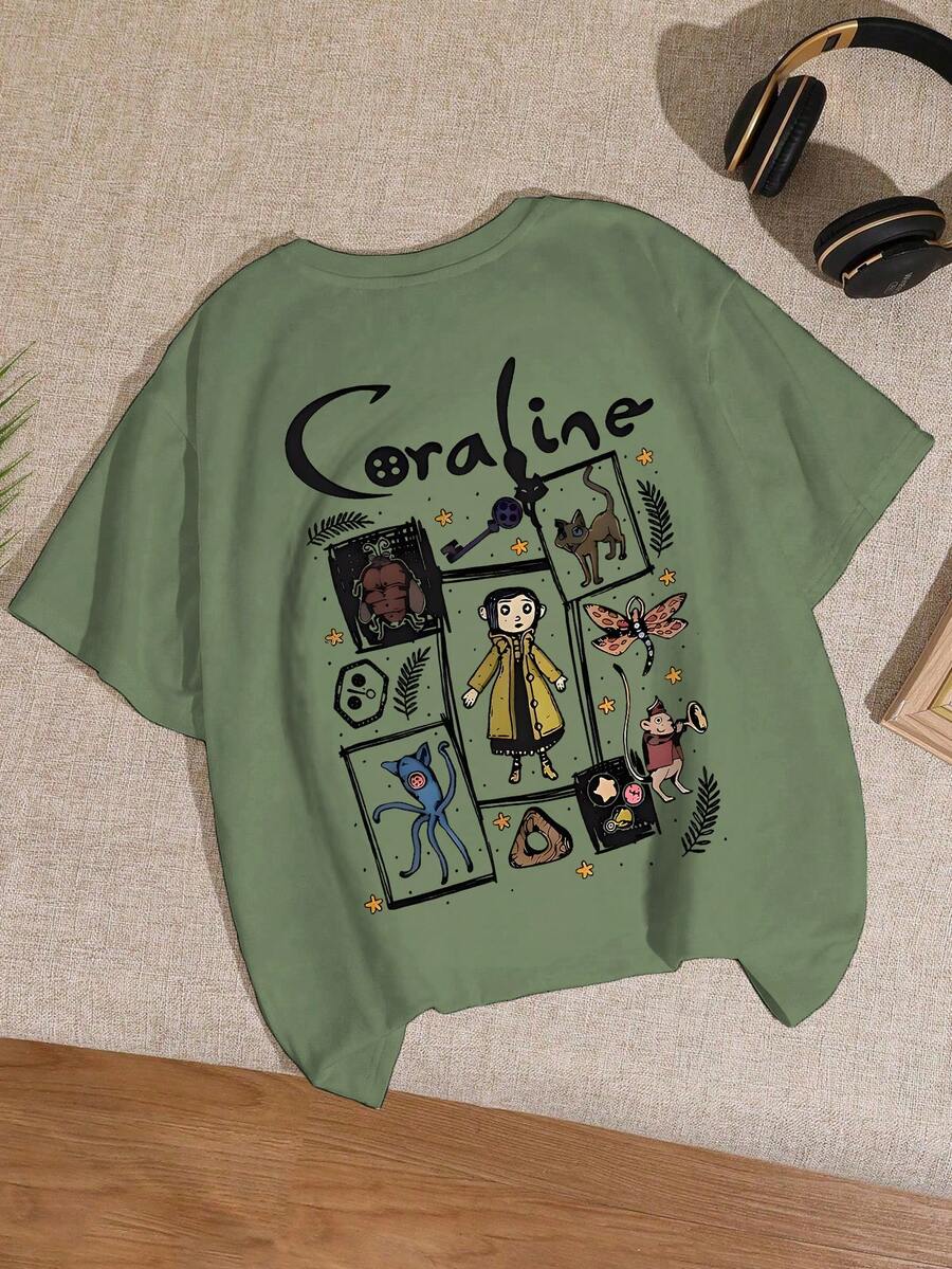 女式夏季卡通和口号图案圆领短袖 T 恤，休闲宽松百搭假日风格绿色上衣，时尚夏季服装适合日常假日穿着，卡罗琳和幽灵图案 - 草綠色 - 查看 1